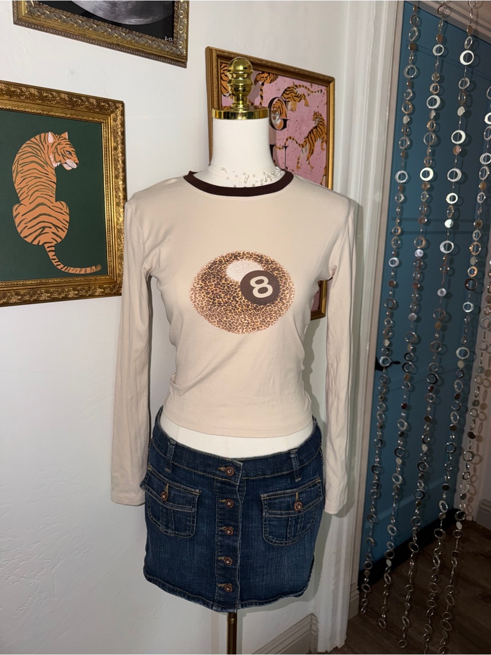 Y2K Beige Long Sleeve Tee with Leopard 8-Ball Graphic